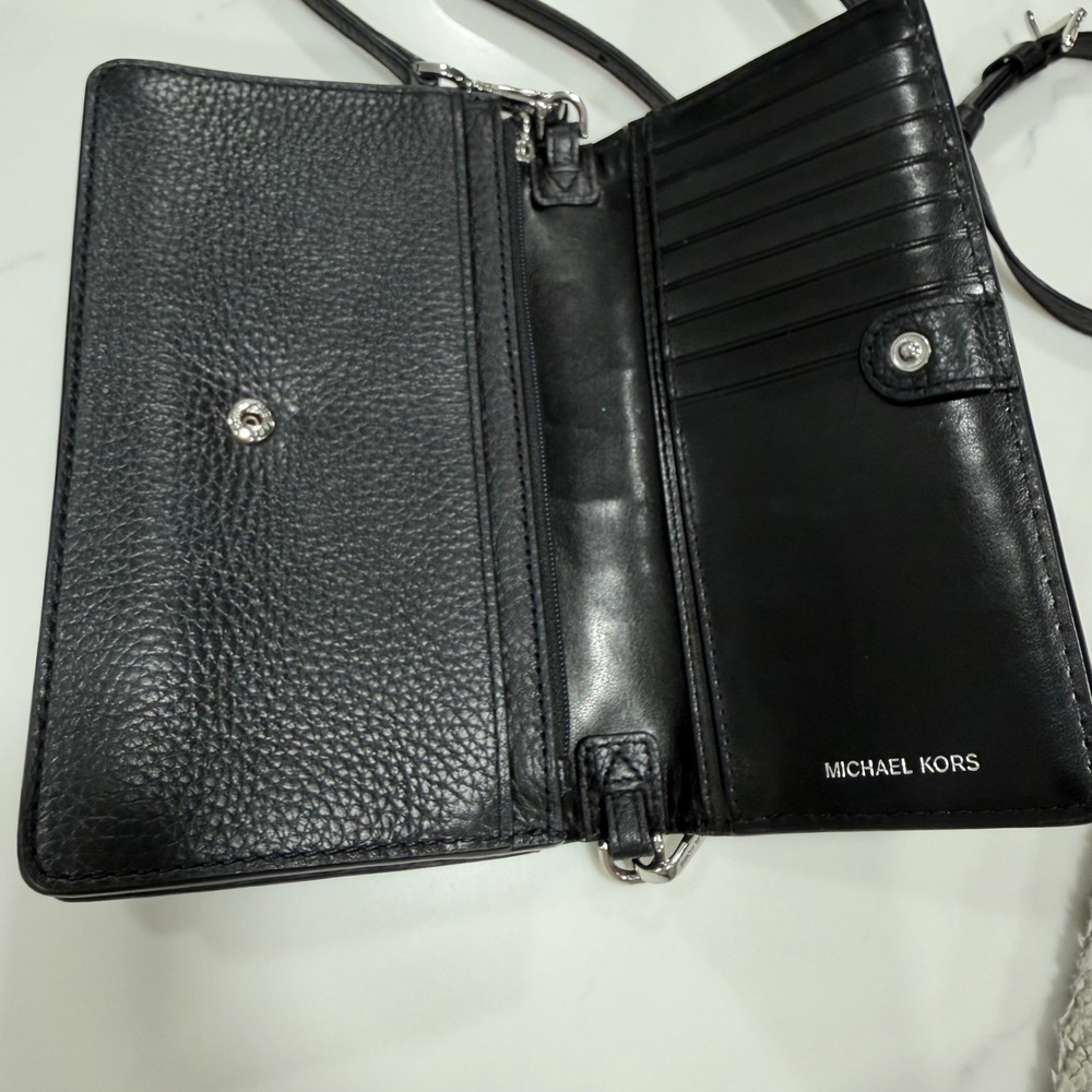 Michael Kors Black Pebbled Leather Crossbody Wallet bag Silver Hardware - Picture 4 of 11